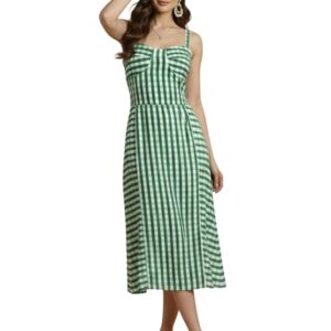 Aahwan Fit and Flare Red Gingham Check Shoulder Ties Slim Fit Midi Cami Dress for Women's & Girl's