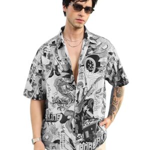 The Souled Store Wagara Men and Boys Short Sleeves Collared Neck Button Front All Over Printed Cotton Lightweight Streetwear Oversized Holiday Shirts